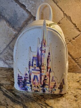 Loungefly Disney Parks 50th Anniversary Quilted White and Gold Mini Backpack